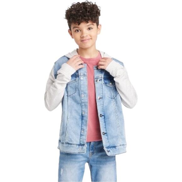 Art Class Light Wash Unisex Denim Button Down Jean Jacket w/ Sweatshirt Hood - Picture 2 of 15